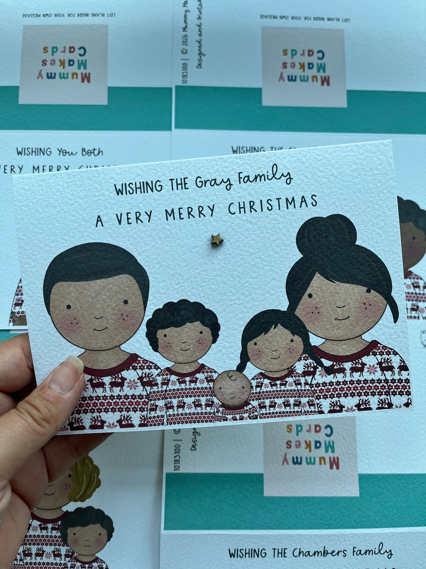 Personalised Family Christmas PJs card - White and Red Reindeer Design