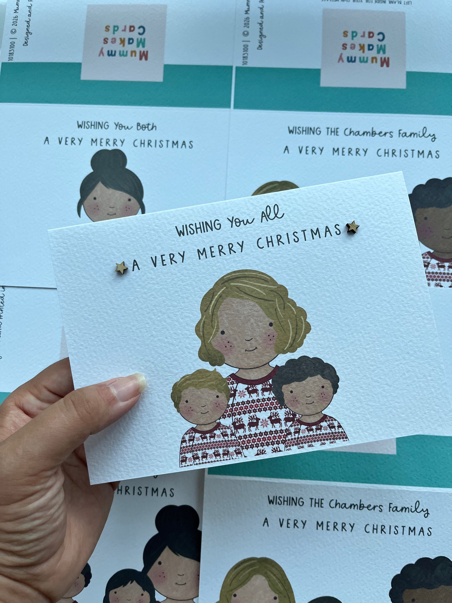 Personalised Family Christmas PJs card - White and Red Reindeer Design
